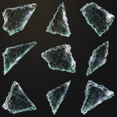 Nine glass shards cut out of a render, with soft green-tinted edges, on a transparent background