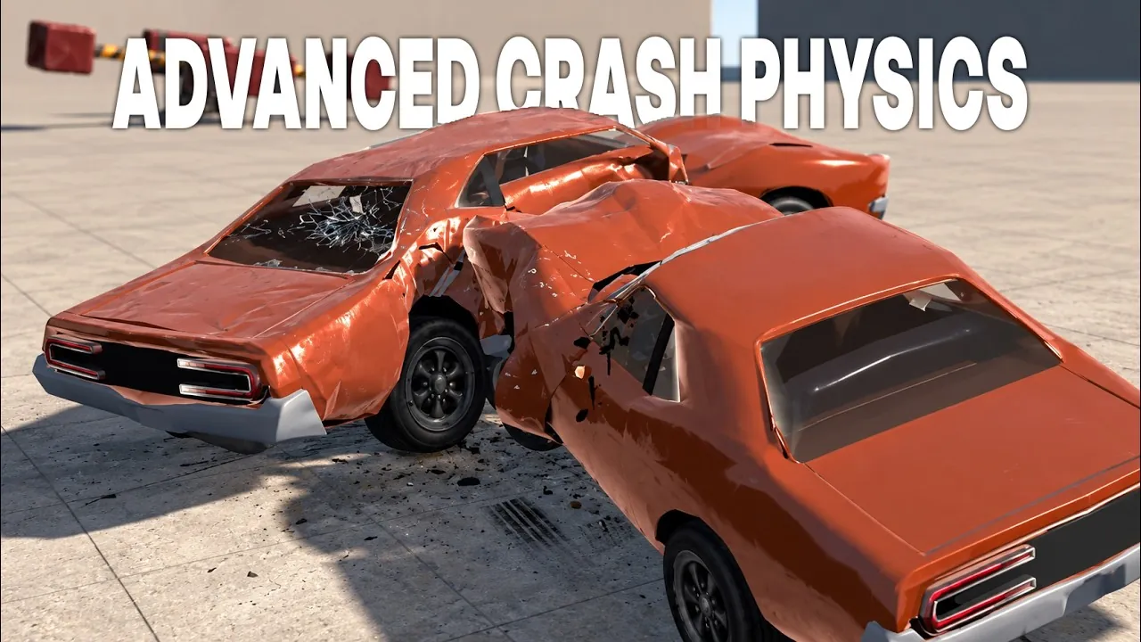Two orange cars after a crash, with crumpled and scratched paint, a shattered rear window and debris on the ground