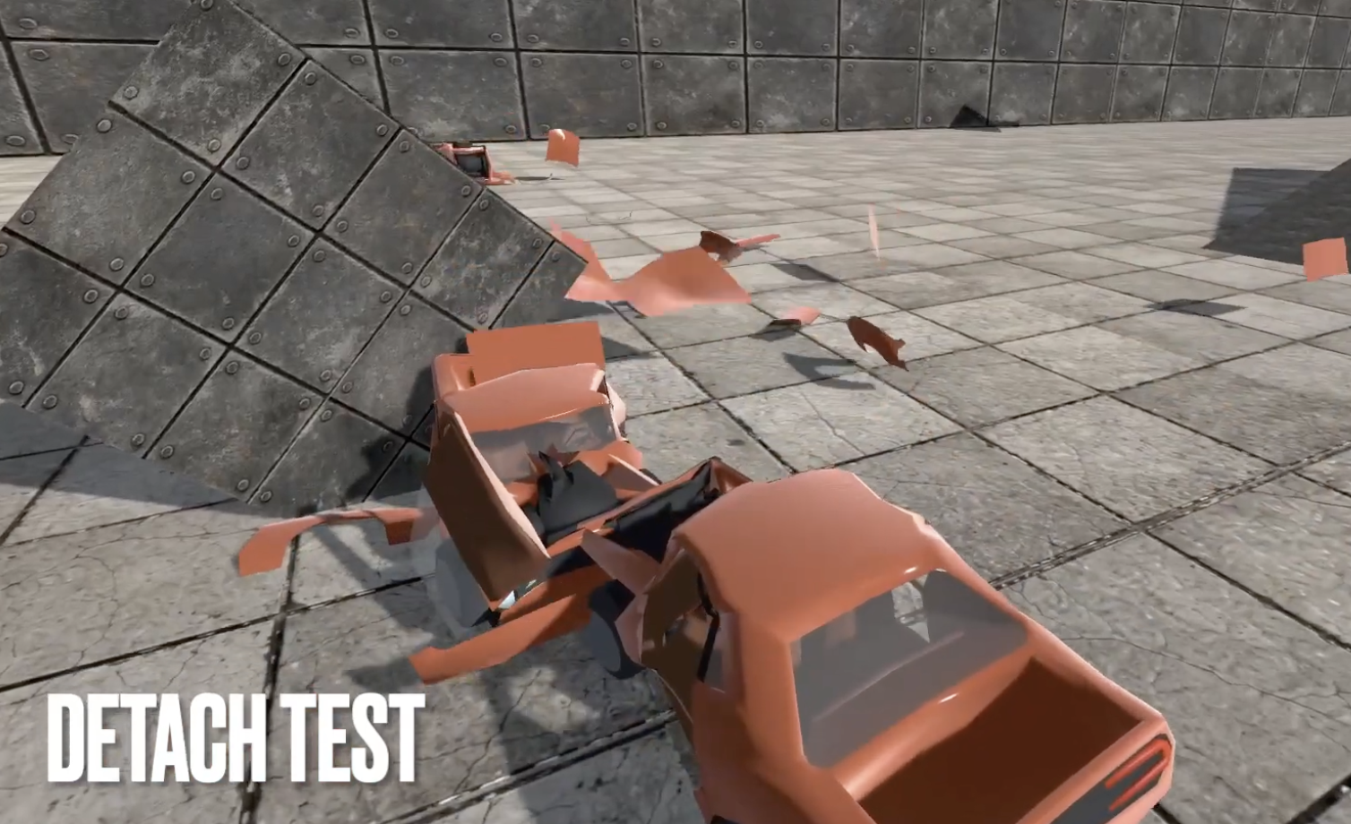 Car panels tearing off and scattering after a heavy impact with a wall