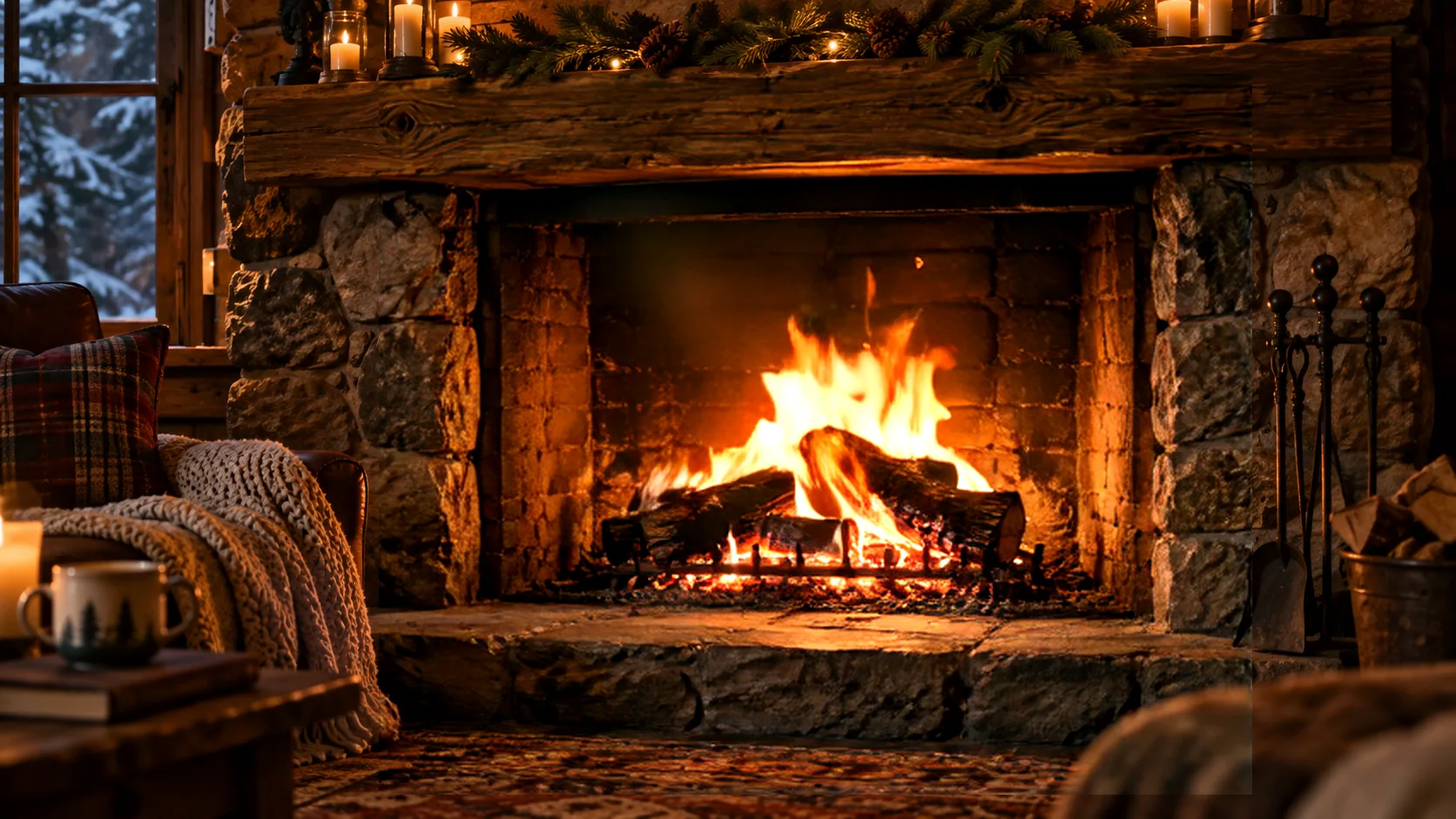 The generated flames composited back into a photograph of a cabin living room with falling snow outside the window