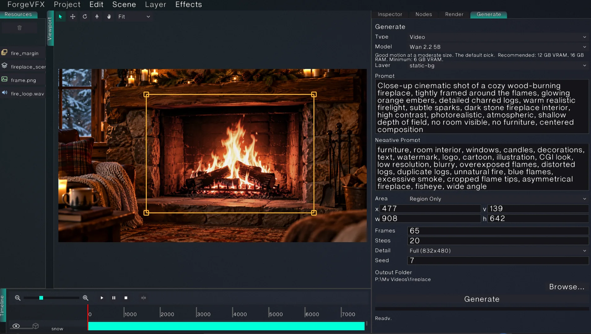 The Forge VFX Generate panel with a region selected over a fireplace