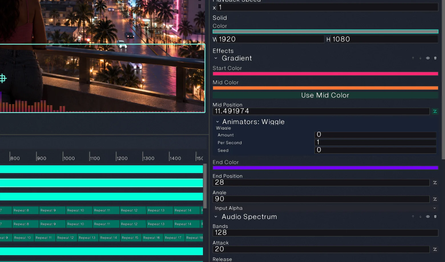 Detail of the Forge VFX timeline with repeated clip segments, and the inspector showing a gradient effect with a wiggle animator and an audio spectrum