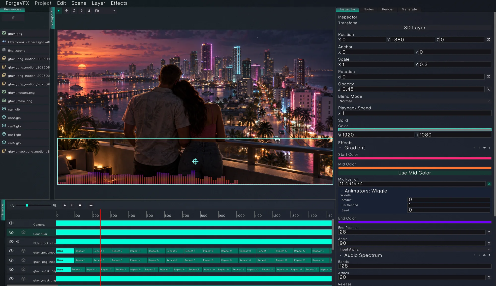 Forge VFX editor: a composited night city scene in the viewport, a multi-layer timeline, and the inspector showing a gradient effect and an audio spectrum