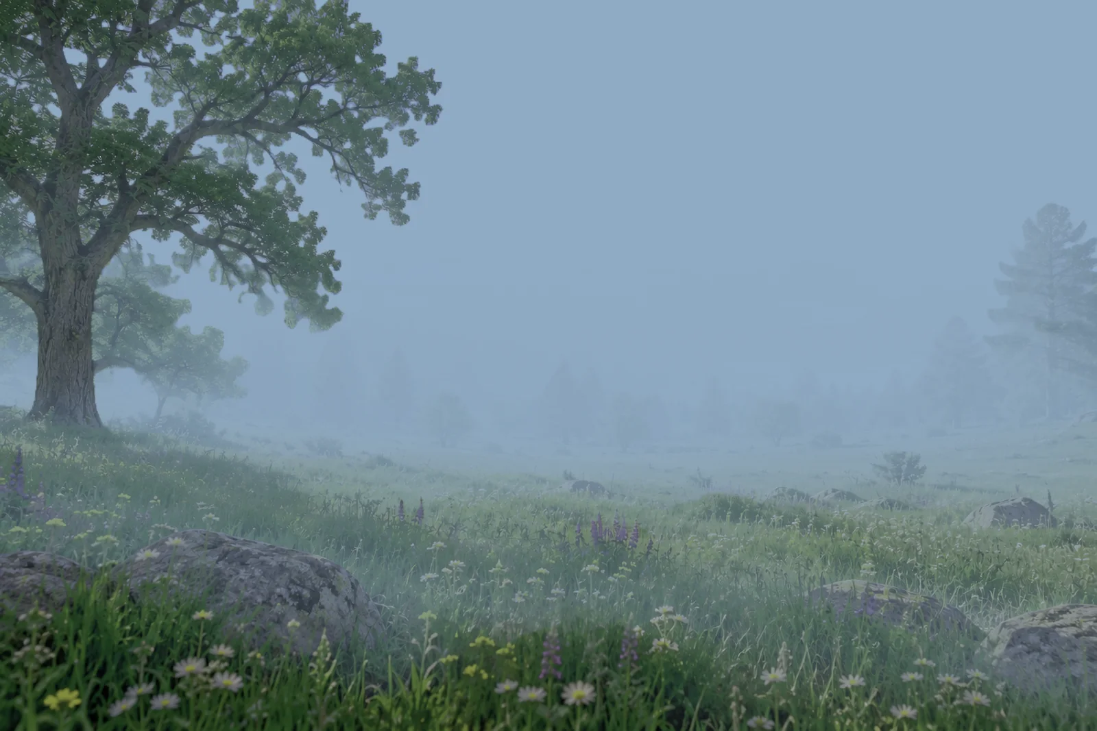 The meadow with fog that thickens with distance, cut by the depth map