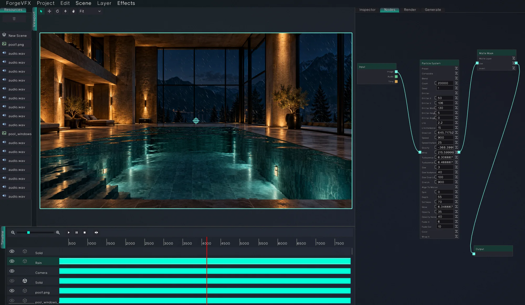 Forge VFX node editor wiring a particle system into a matte mask over an indoor pool scene
