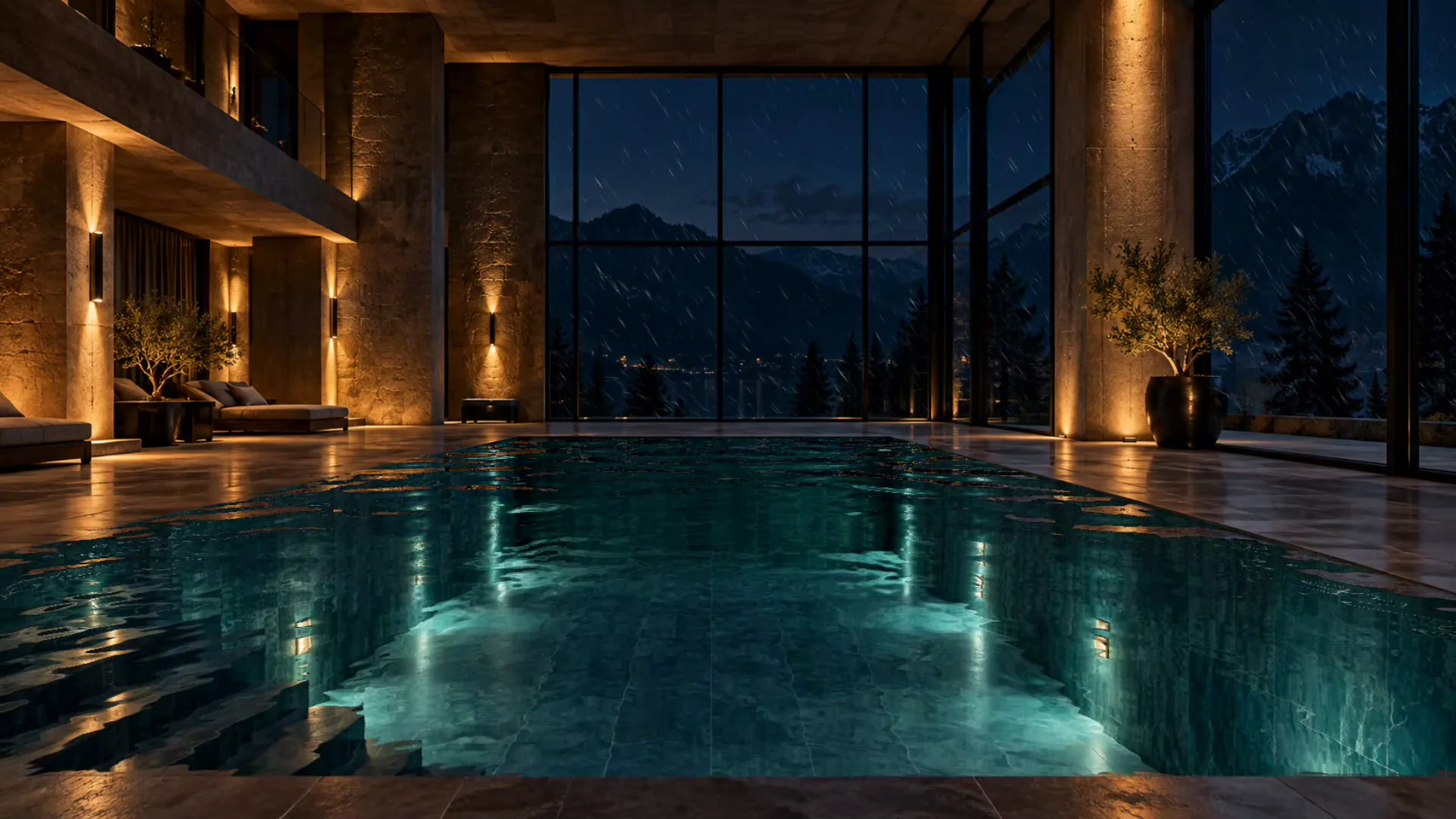 Final rendered frame of an indoor pool at night with rain falling outside the windows